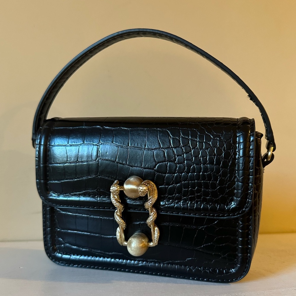 Zara Black & Gold “Croc Print” Mini Bag w/ Gold Snake Clasp